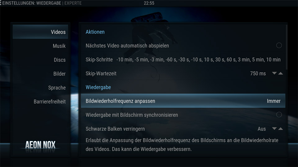 Einstellung "Bildwiederholfrequenz anpassen" in Kodi