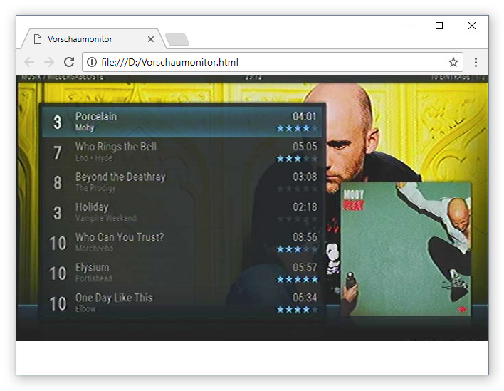 Browserfenster mit aktivem Videostream, der über eine separate HTML-Datei aufgerufen wurde. Im Gegensatz zu allen anderen Vorschaubildern ist dieses nicht verzerrt und weist keinen Rand auf.