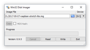 Screenshot der Software "Win32 Disk Imager" mit ausgewählter Image-Datei und Laufwerksbuchstaben.