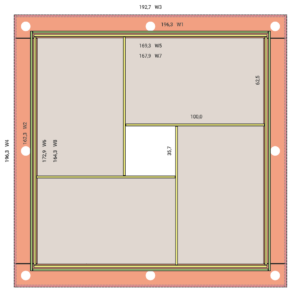 Grundriss eines quadratischen Deckensegels mit 4 Sektionen für Steinwolle in der handelsüblichen Größe.