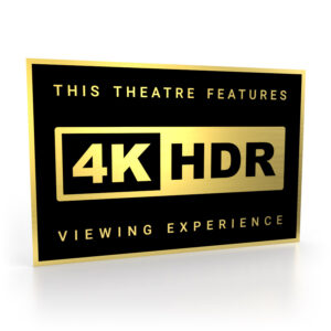 Schild in Schwarz-Gold mit einem 4K HDR Logo