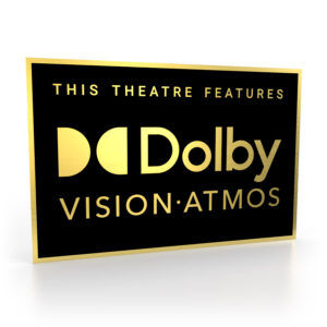 Schild in Schwarz-Gold mit dem Dolby Vision+Atmos Logo