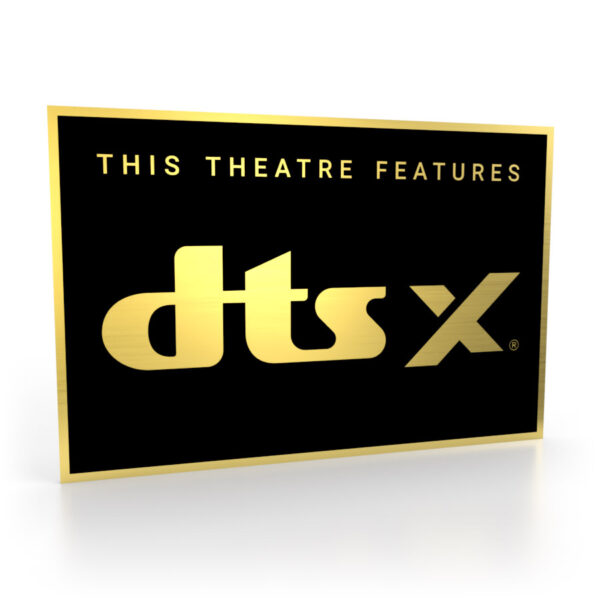 Schild in Schwarz-Gold mit dem DTS:X Logo von 2020