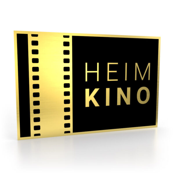 Schild in Schwarz-Gold mit dem Schriftzug "Heimkino" und einem Filmstreifen