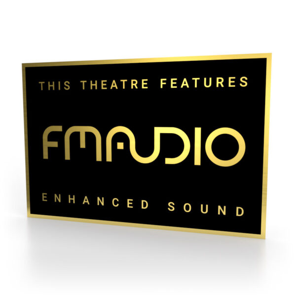 Schild in Schwarz-Gold mit dem FM-Audio Logo