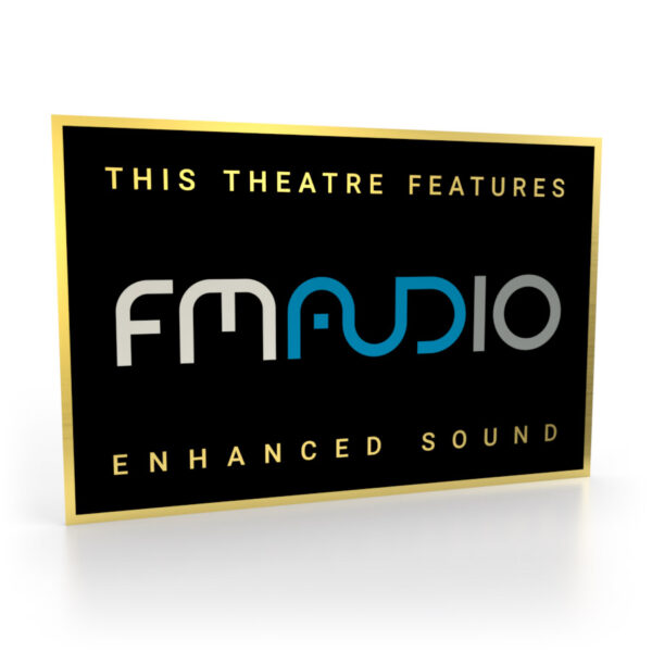 Schild in Schwarz-Gold mit dem FM-Audio Logo in Farbe