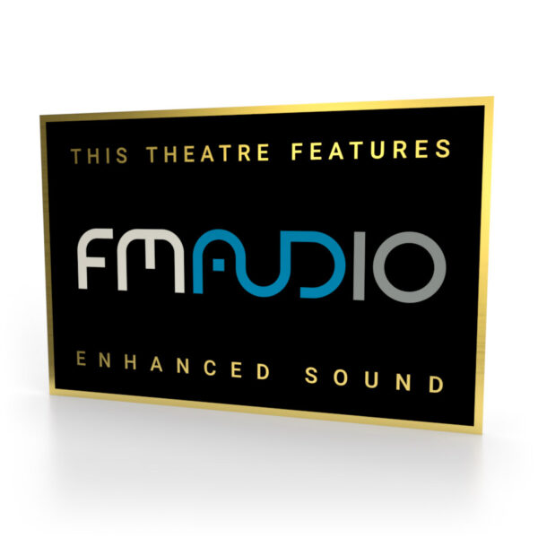 Schild in Schwarz-Gold mit dem FM-Audio Logo in Farbe